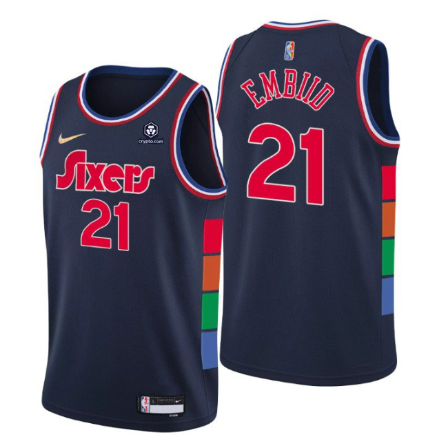 Men's Philadelphia 76ers #21 Joel Embiid Navy Icon Edition 75th Anniversary Stitched Swingman Jersey Men's Philadelphia 76ers #21 Joel Embiid Navy Icon Edition 75th Anniversary Stitched Swingman Jersey